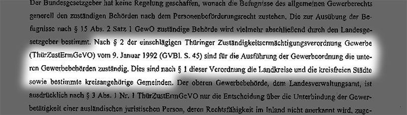 Auszug aus der Urteilsbegründung des Verwaltungsgerichtes Weimar zur Zuständigkeit der unteren Gewerbebehörde.